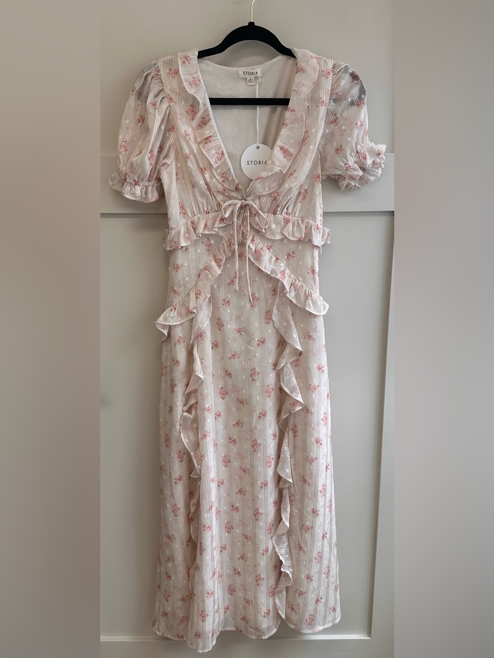 Storia Ivory Maxi Dress with Pink Floral Ruffles
